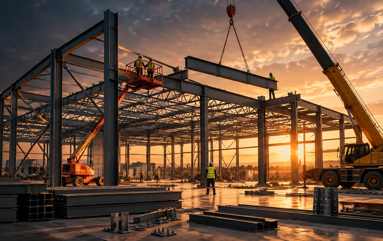 Illustrative structural steel frame under erection
